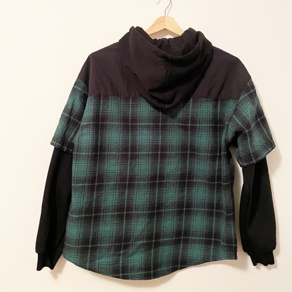 Zara kids green and black plaid button down hoodie shirt size 13-14 - Picture 5 of 9